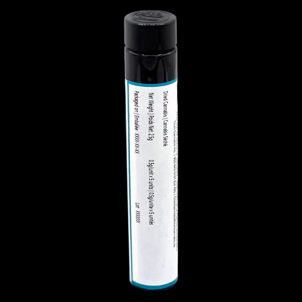 Truro Cosmic Cookies pre-roll pack with black cap and blue trim, showing net weight and product details on white label