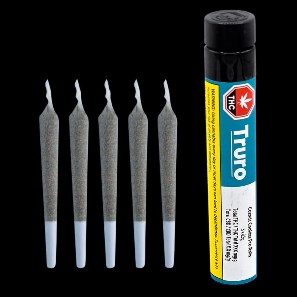 Truro Cosmic Cookies pre-roll 5-pack with white filter tips and tube packaging