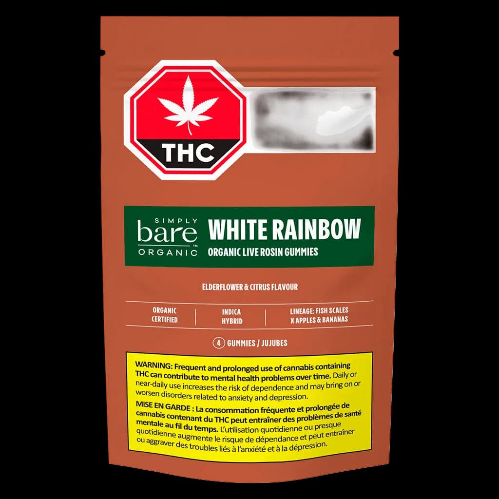 Simply Bare White Rainbow organic live rosin gummies package with red pouch, green product label, THC warning symbol, and yellow Health Canada warning label