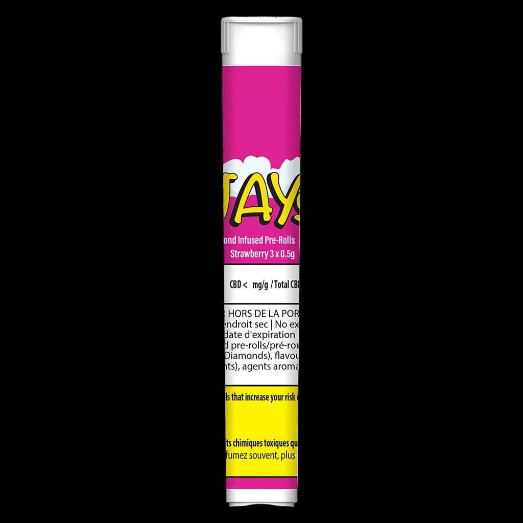 Paquet de 3 x 0,5 g de pré-roulés à la fraise infusés aux diamants JAYS avec image de marque magenta et jaune et étiquettes d'avertissement de Santé Canada