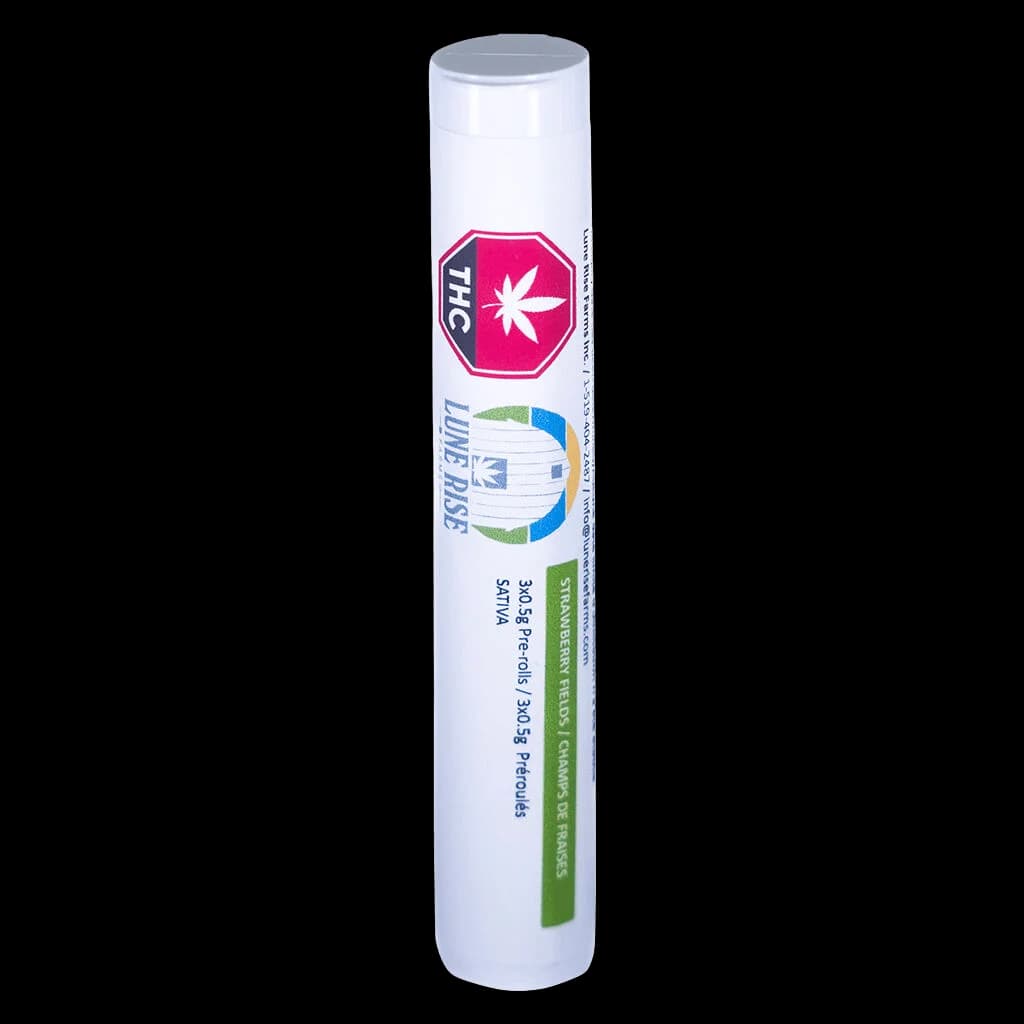 Paquet de pré-roulés Lune Rise Farms avec logo THC rose et motif fraise vert, emballage de 3,5 g