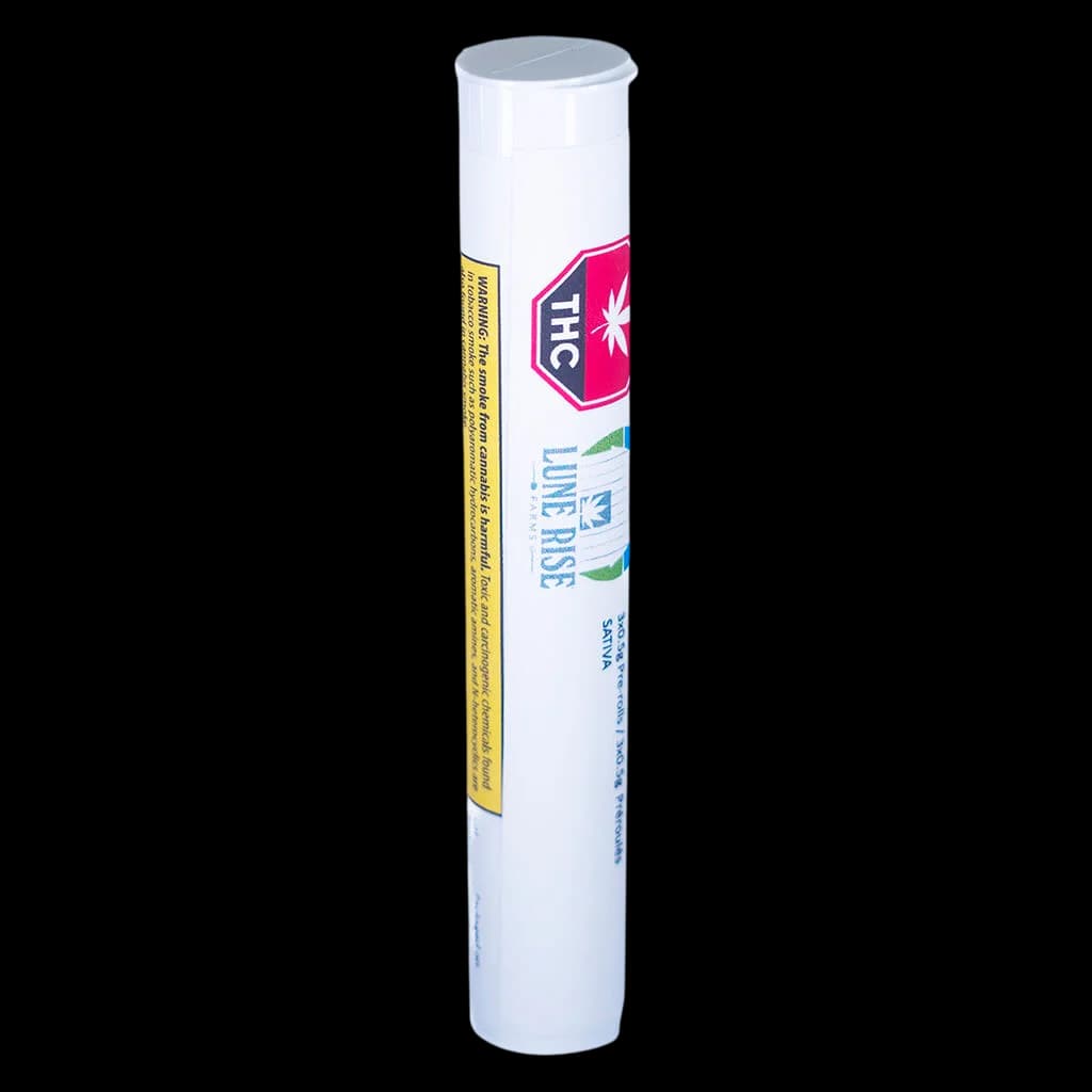 Tube de pré-roulé Strawberry Fields de Lune Rise Farms avec emballage blanc, image de marque rouge et rose, et étiquette d'avertissement jaune