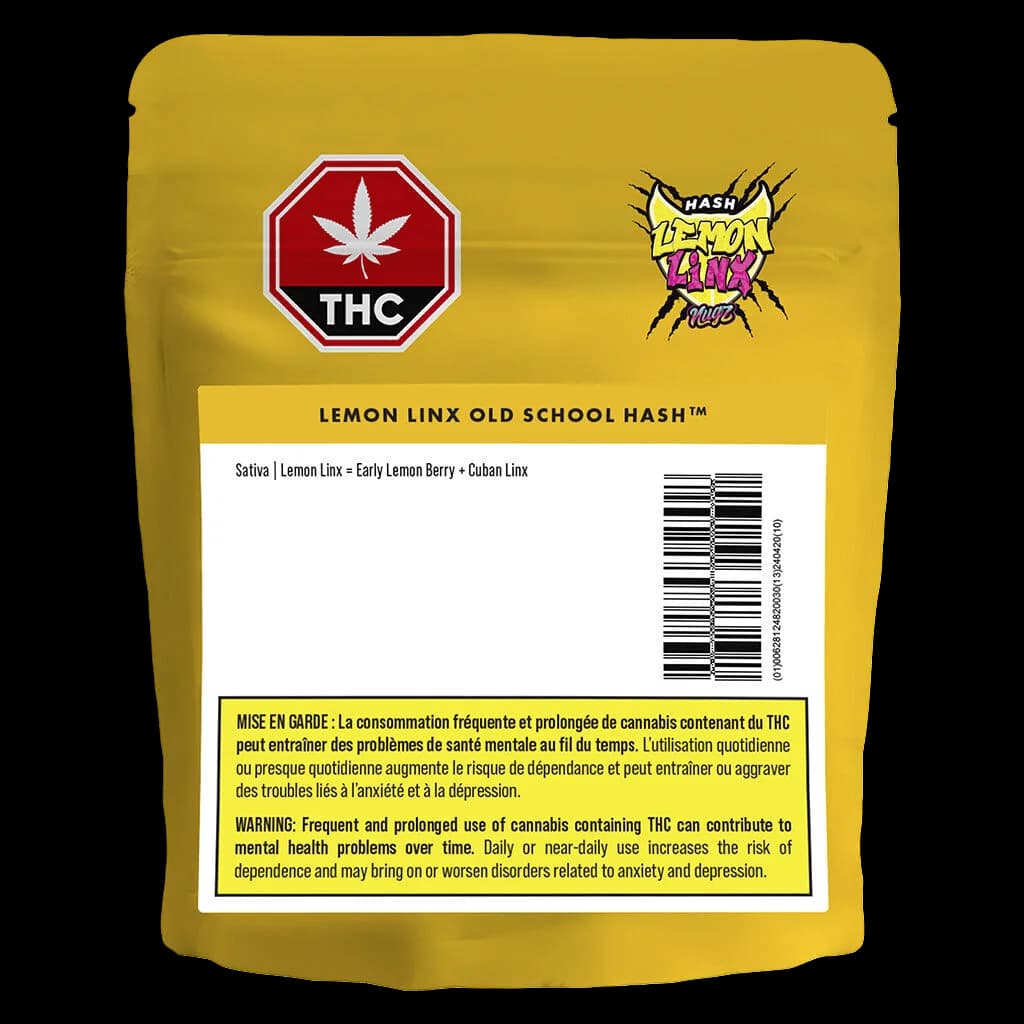 Lemon Linx Old School Hash by Nugz Hash cannabis concentrate in yellow pouch with red THC warning symbol and strain details