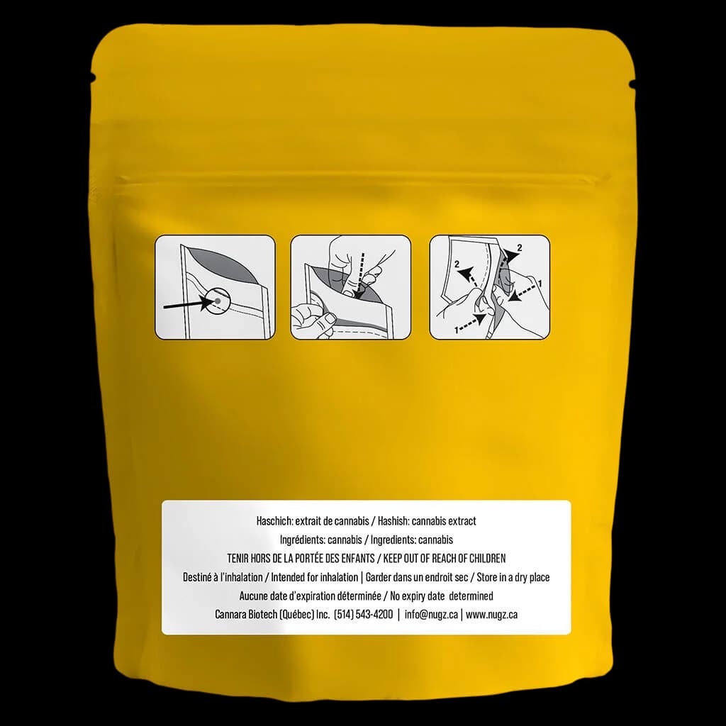 Nugz Hash cannabis extract pouch with yellow packaging, featuring instruction illustrations and bilingual product information