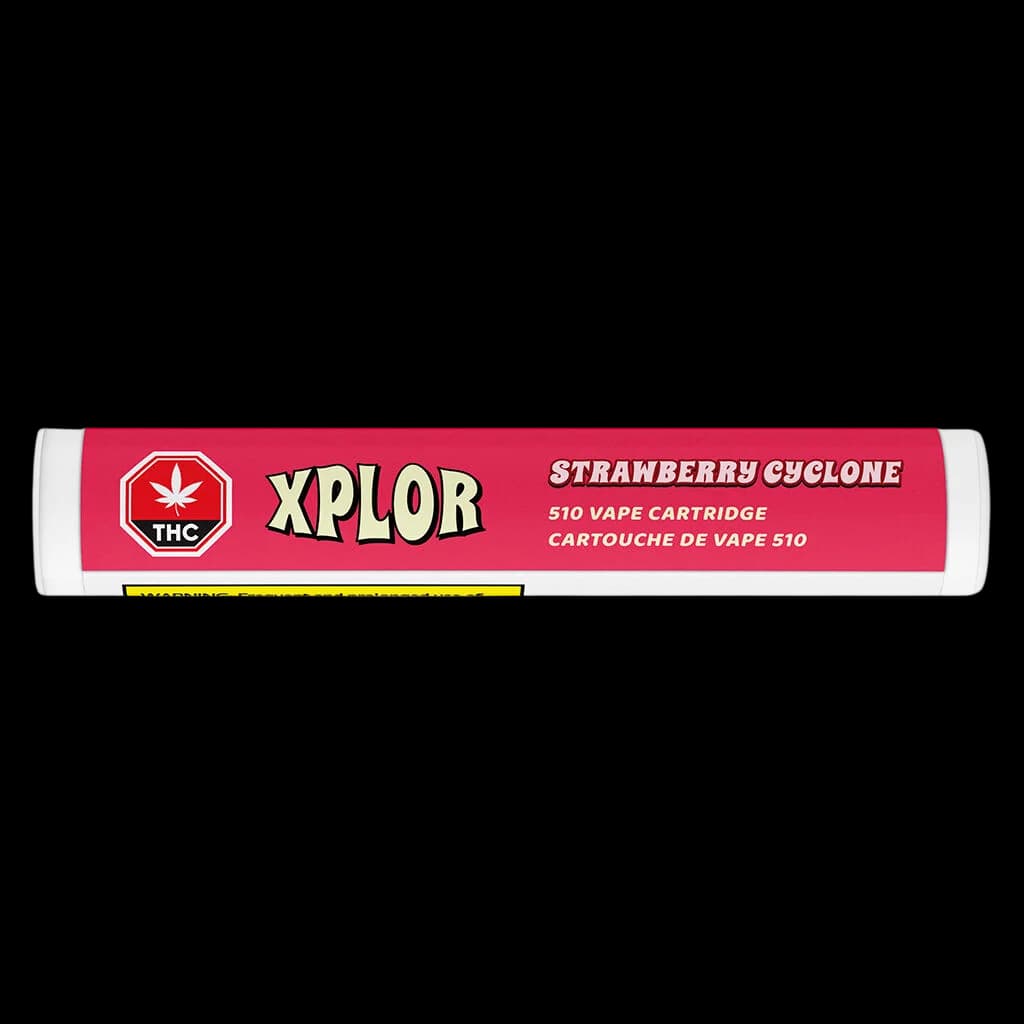 XPLOR Strawberry Cyclone 510 vape cartridge with pink packaging and THC logo