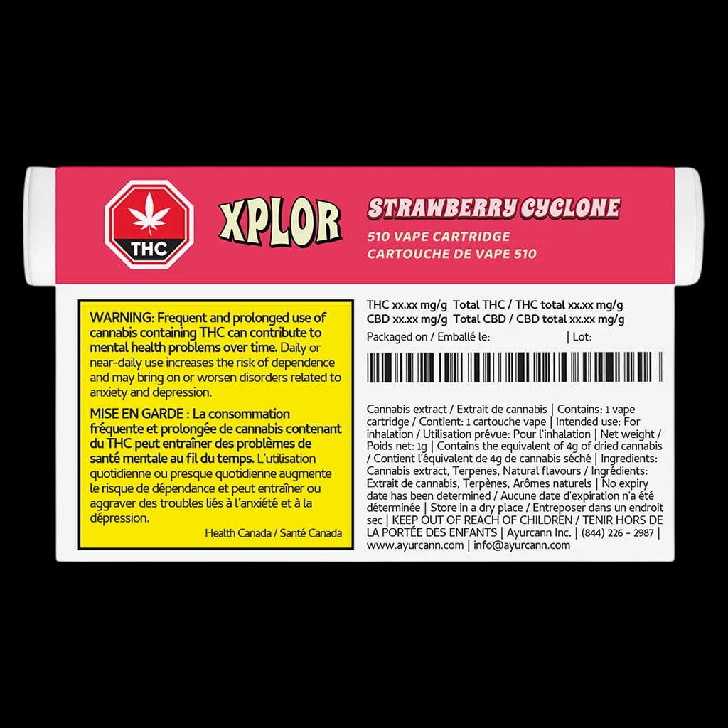 XPLOR Strawberry Cyclone 510 vape cartridge packaging with Health Canada warning label and product information