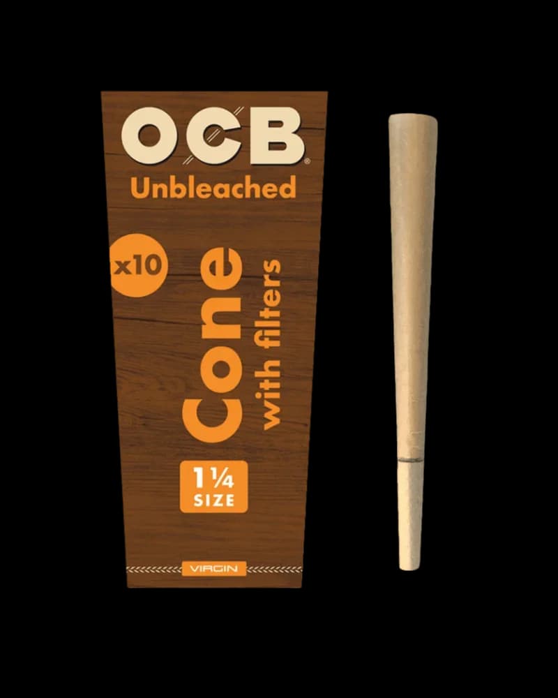 OCB Virgin Unbleached 1 1/4 size pre-rolled cones with filters, 10-pack, displayed with packaging and single cone