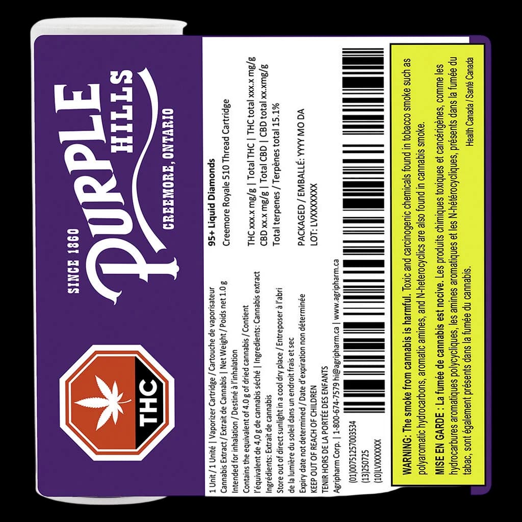 Purple Hills 95+ Liquid Diamonds Creemore Royale 510 thread cannabis vape cartridge with packaging showing THC potency and warning labels