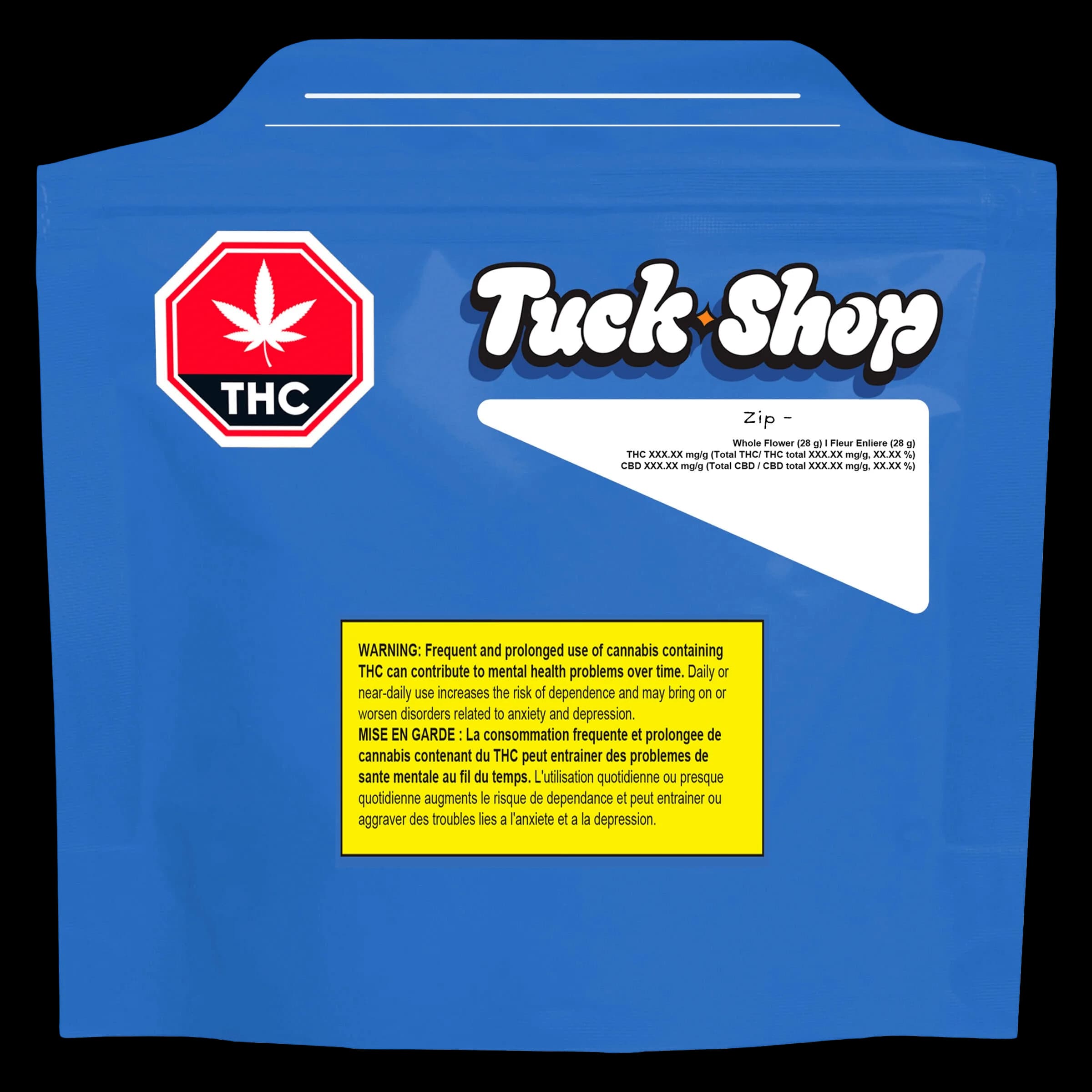 Tuck Shop Zip 28g cannabis dried flower package with red THC symbol on blue pouch and Health Canada warning label