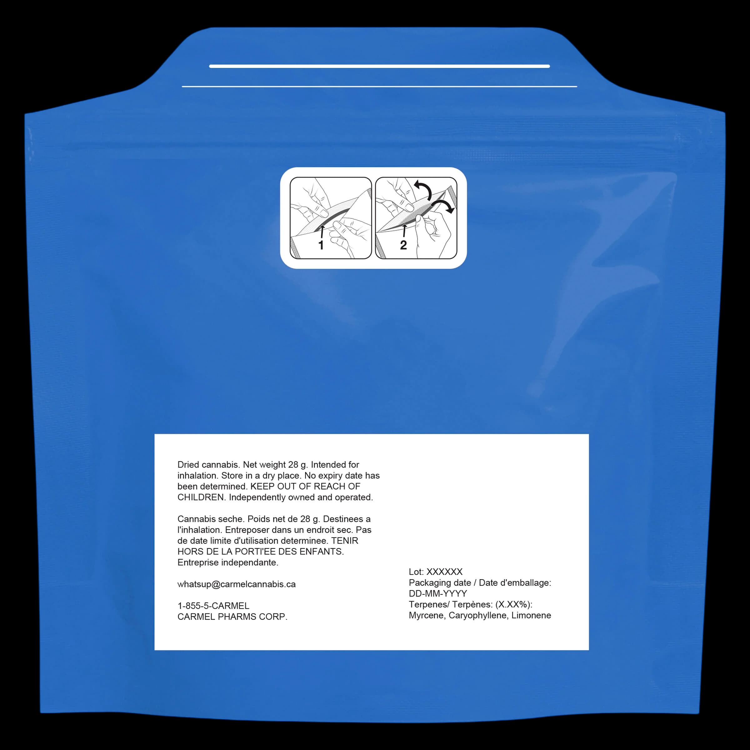 Carmel Pharms dried cannabis 28g pouch, blue packaging with opening instructions and regulatory information visible