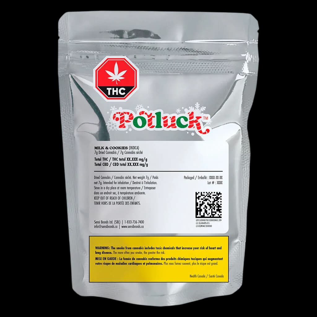 Potluck Milk & Cookies indica cannabis dried flower, 7g silver resealable pouch with THC symbol
