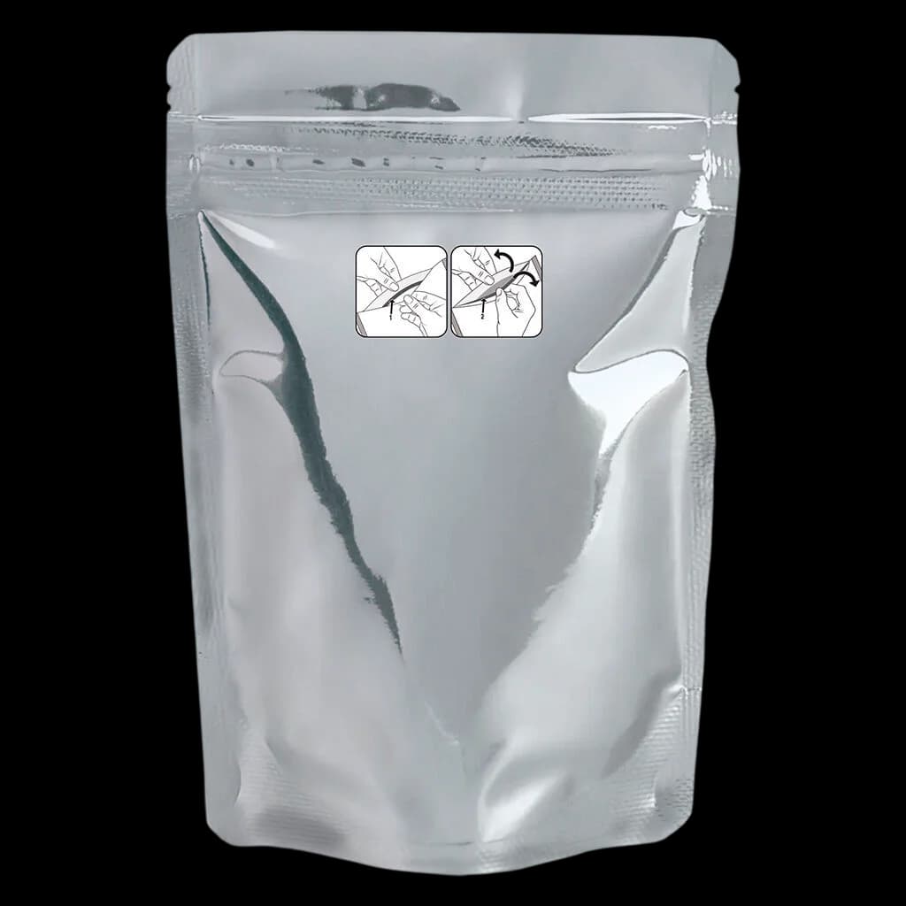 Silver metallic resealable cannabis dried flower pouch with tear-notch opening instructions on the front