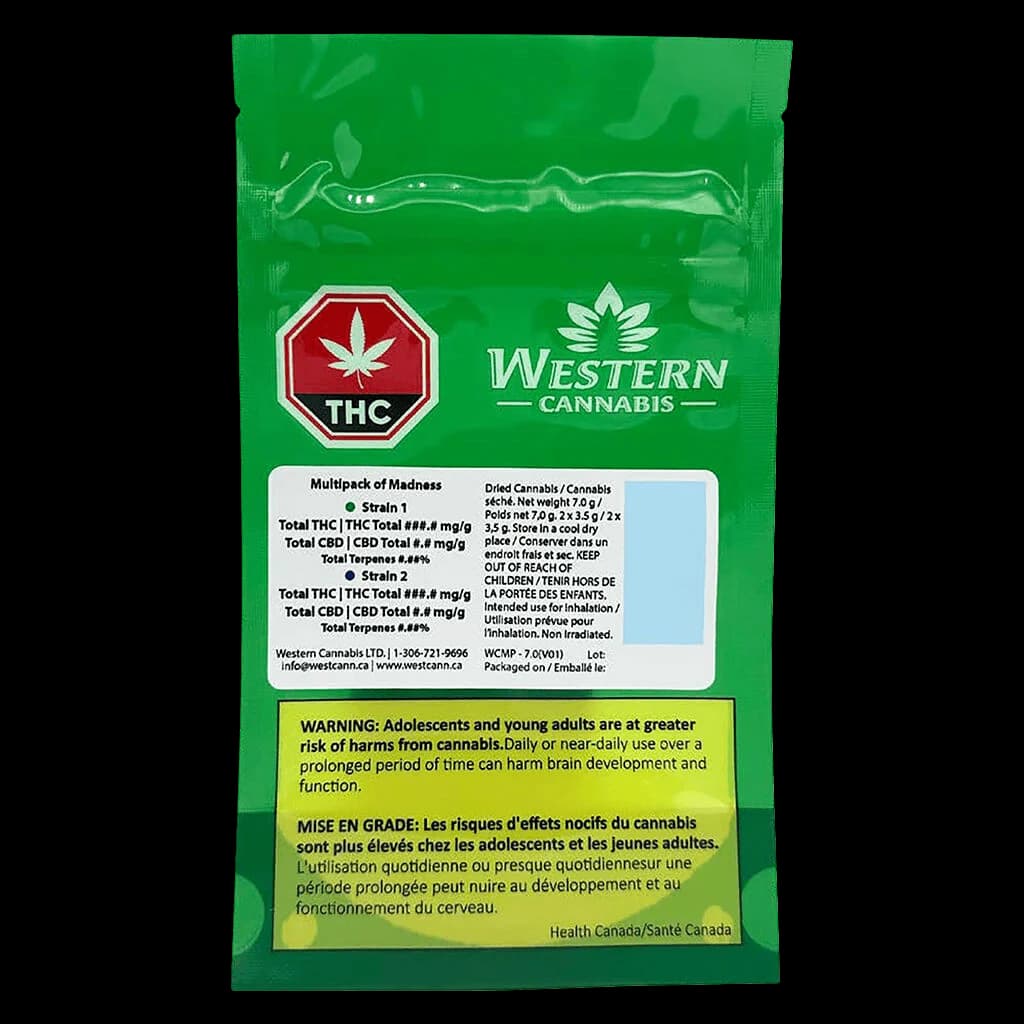 Western Cannabis Multipack of Madness dried flower package, green pouch with red THC warning symbol and product information label