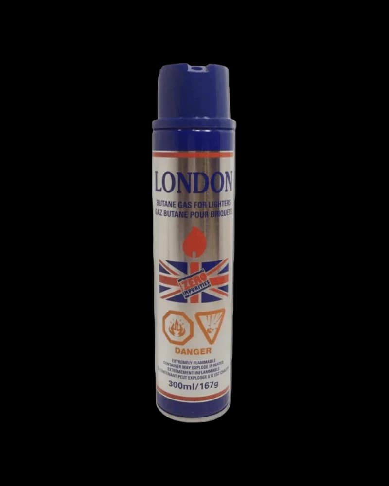 London butane gas refill 300ml/167g canister with blue cap and Union Jack design
