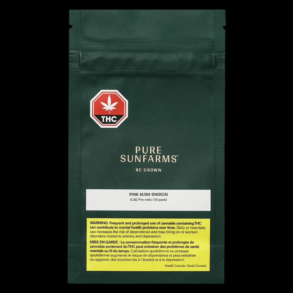 Emballage de pré-roulés indica Pink Kush de Pure Sunfarms, format 10 x 0,3 g, pochette vert foncé avec badge THC rouge