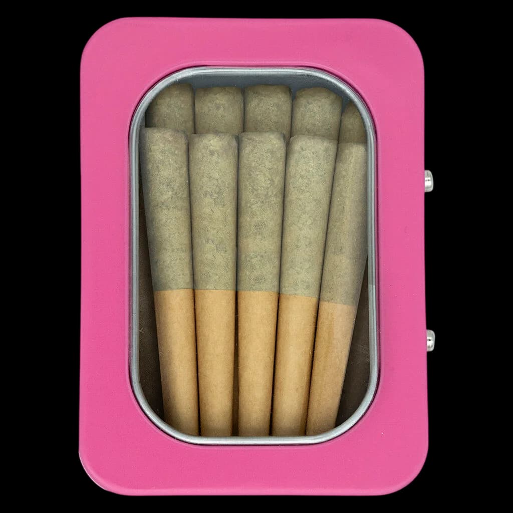 Emballage de pré-roulés indica Pink Kush de Pure Sunfarms, format 10 x 0,3 g, pochette vert foncé avec badge THC rouge