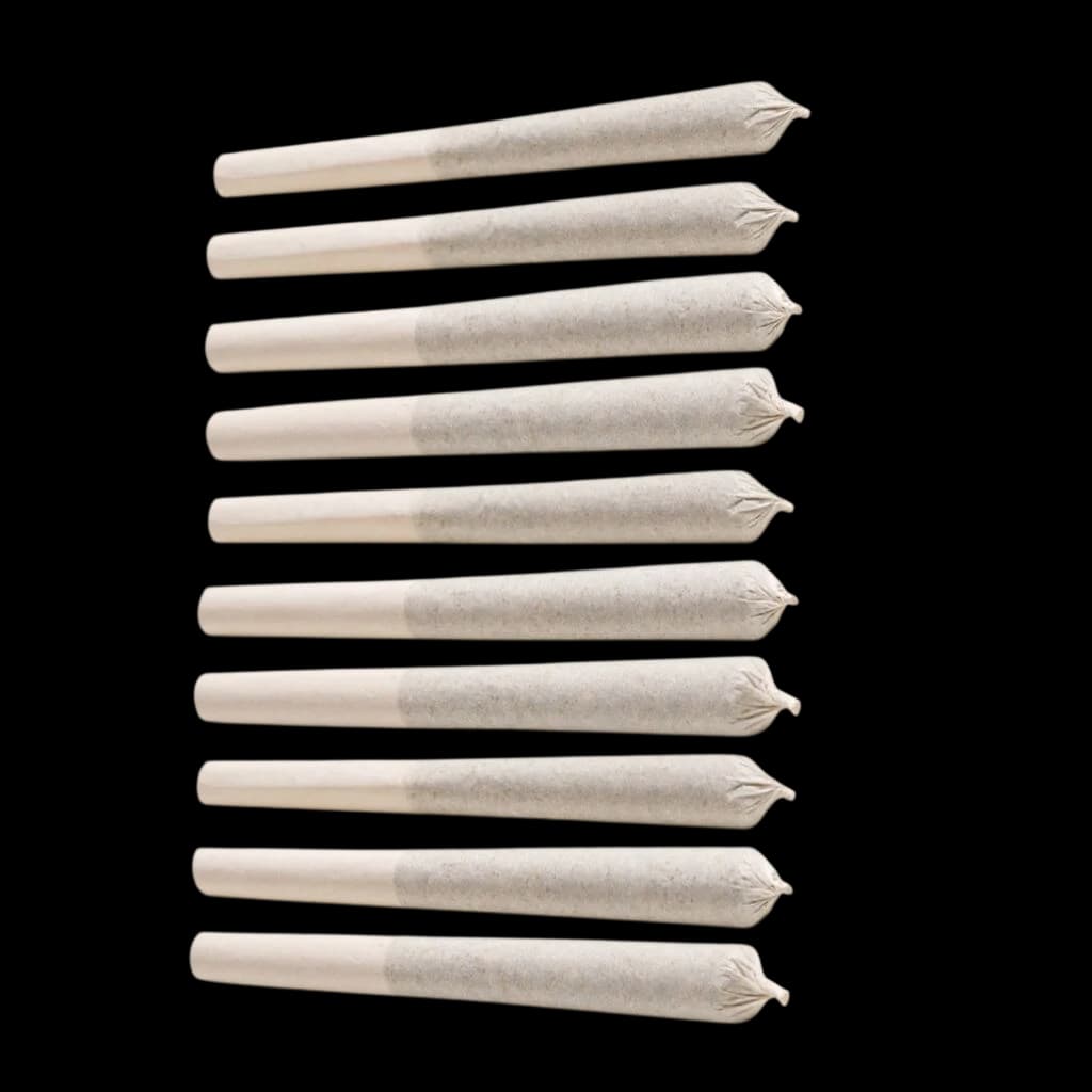 Paquet de 12 pré-roulés Pink Kush de Pure Sunfarms avec extrémités en papier torsadé sur fond blanc