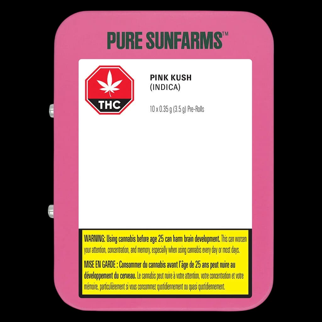 Emballage de pré-roulés indica Pink Kush de Pure Sunfarms, format 10 x 0,3 g, pochette vert foncé avec badge THC rouge