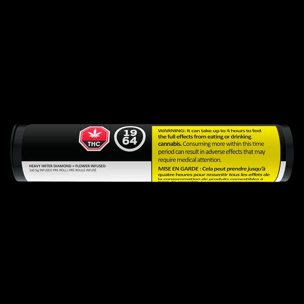 1964 Heavy Hitter Diamond + Flower Infused 1.2g pre-roll tube with THC warning label and Health Canada bilingual advisory