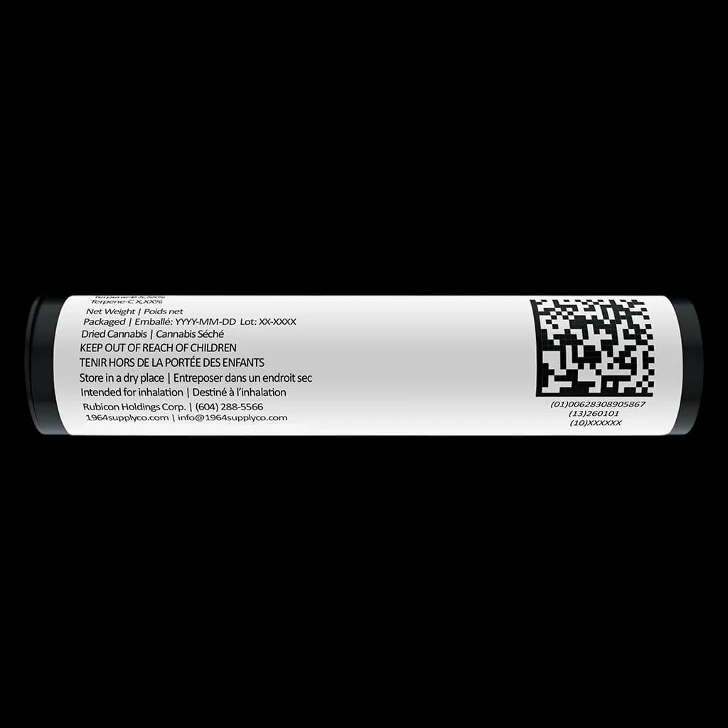 1964 Heavy Hitter Flower & Diamonds Infused Pre-Roll tube showing regulatory text, QR code, and child safety warnings