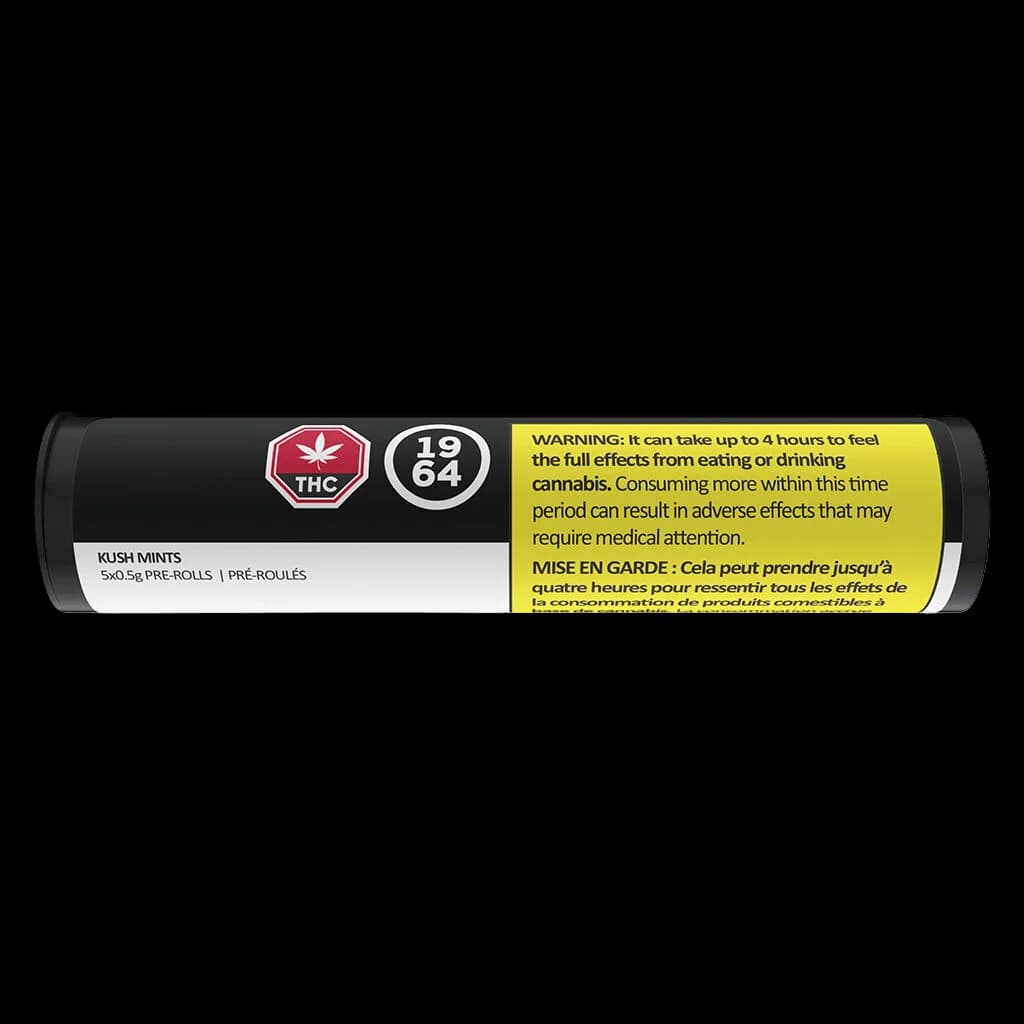 1964 Kush Mints 5x0.5g pre-roll pack with THC warning label and Health Canada regulations