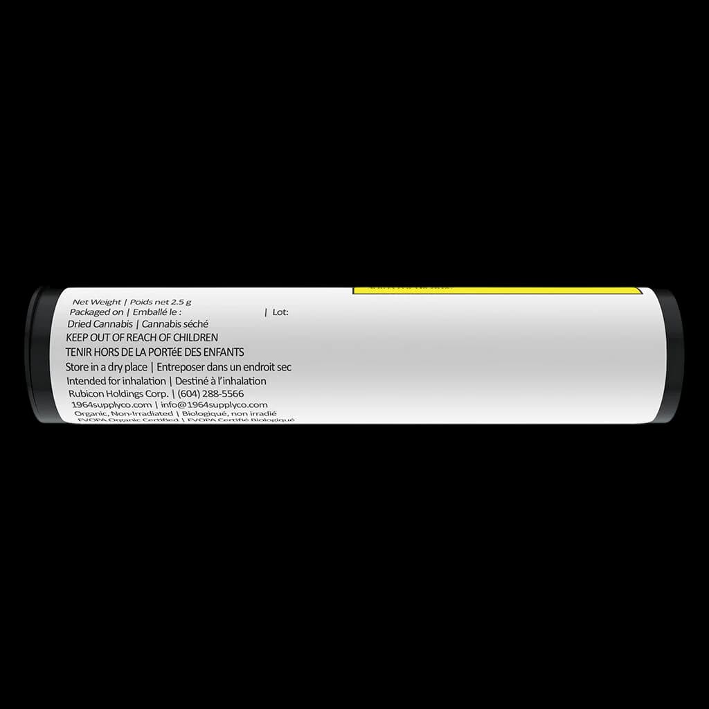 1964 Kush Mints pre-roll 2.5g tube showing rear packaging with bilingual warning text and organic certification