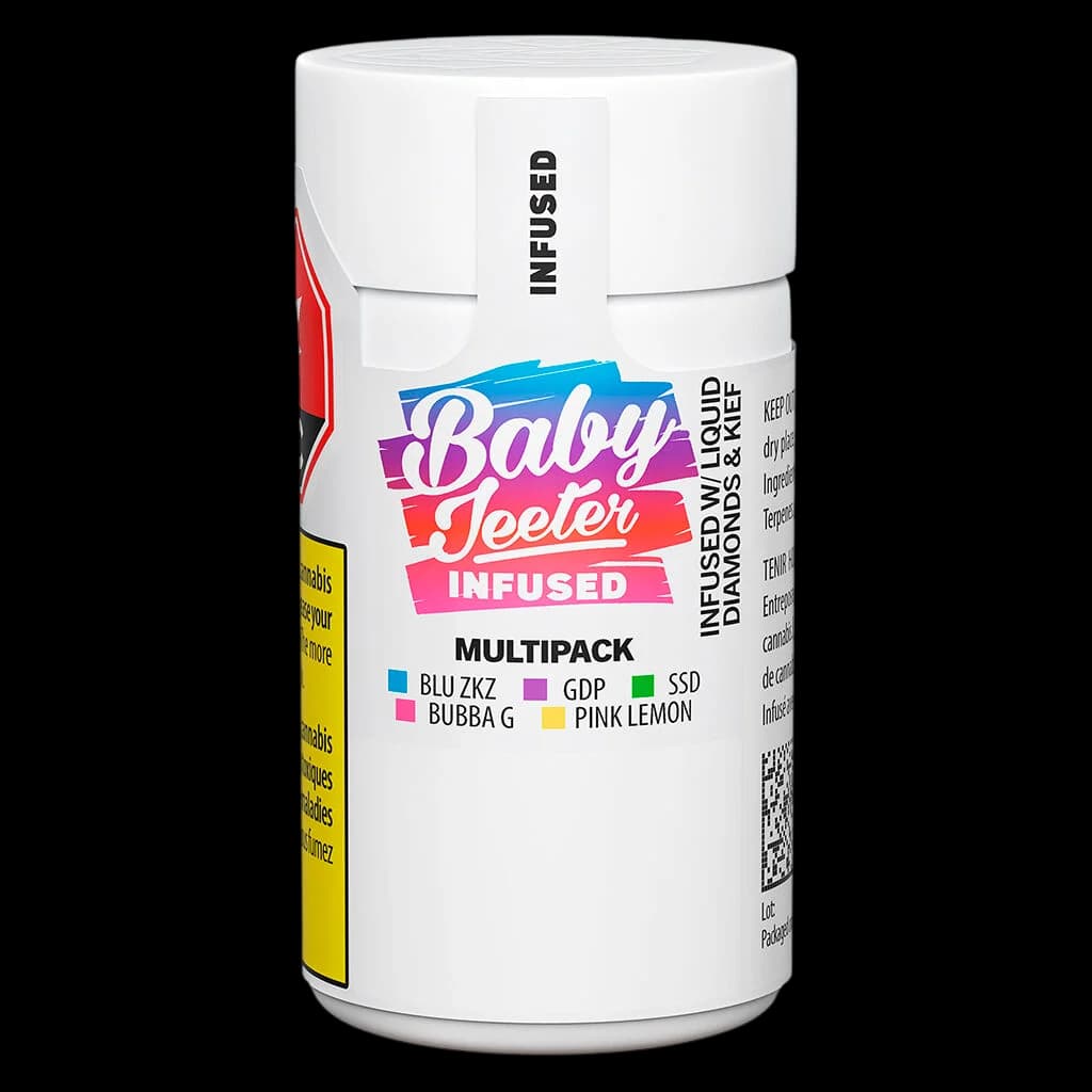 Baby Jeeter Infused Multipack pre-roll container with four strain varieties: Blu Zkz, Bubba G, GDP, Pink Lemon, and SSD cannabis pre-rolls