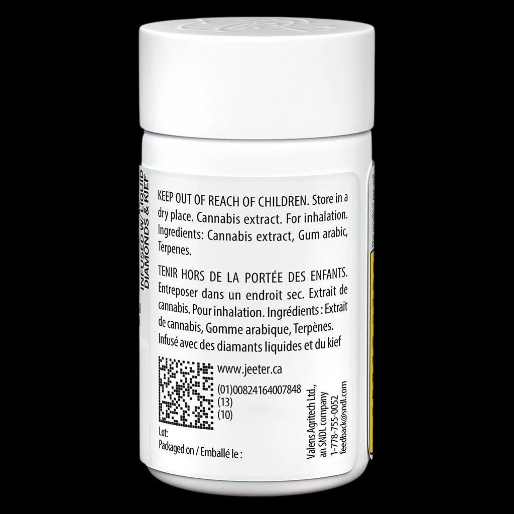 Baby Jeeter cannabis extract pre-roll jar with white label, bilingual safety warnings, QR code, and ingredient list visible