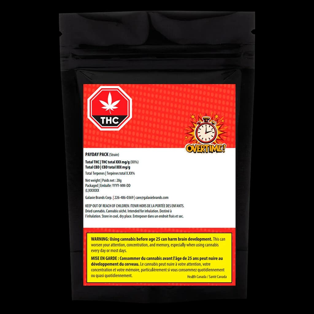 Payday Pack dried flower cannabis 28g pouch with red label, THC warning symbol, and Health Canada youth warning