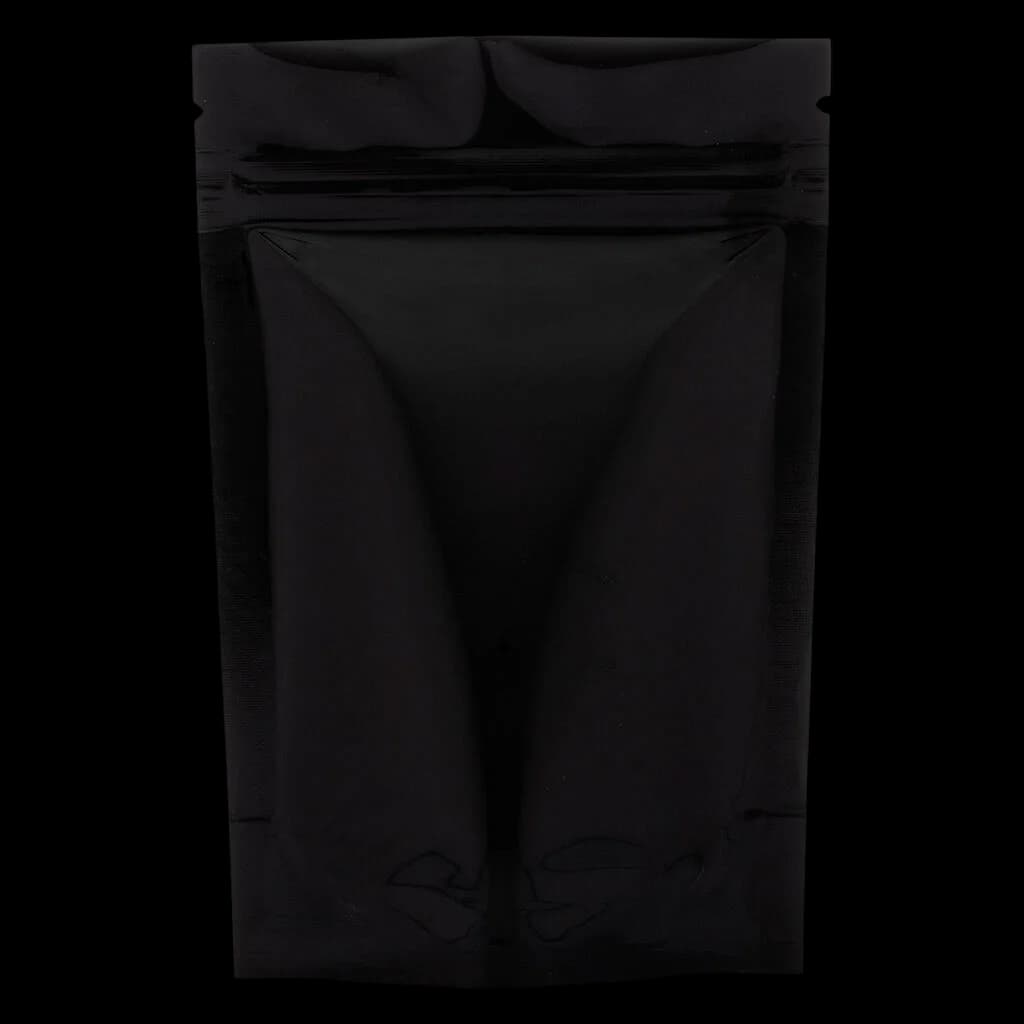 Overtime Payday Pack black pouch, cannabis dried flower packaging with sealed top and side gussets
