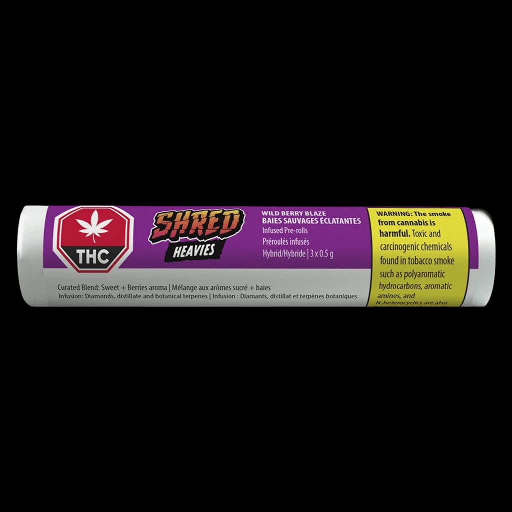Shred Heavies Wild Berry Blaze infused pre-roll pack, 3 x 0.5g hybrid pre-rolls with diamond and distillate infusion