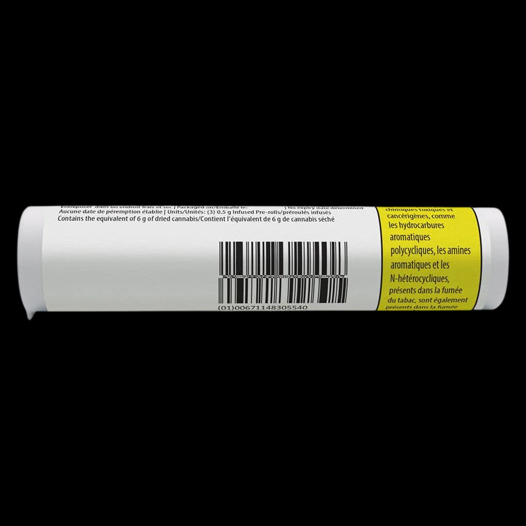 SHRED Wild Berry Blaze Heavies Diamond & Disty Infused Pre-Roll tube showing barcode, regulatory text, and yellow warning label