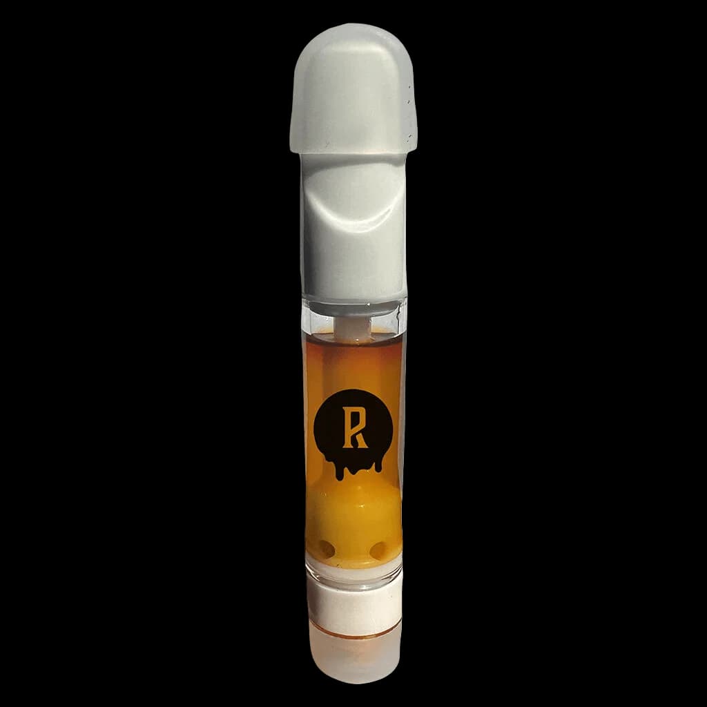 Pure Rosin 510 thread vape cartridge with golden sativa-leaning concentrate and white cap