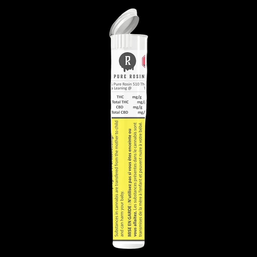 Pure Rosin 510 Thread cannabis vape cartridge with white cap and sativa leaning strain label visible on front packaging