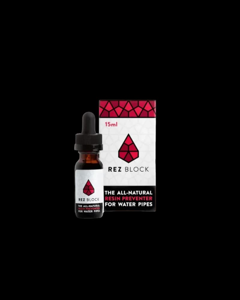 Rez Block 15ml bottle with dropper and packaging box labeled all-natural resin preventer for water pipes