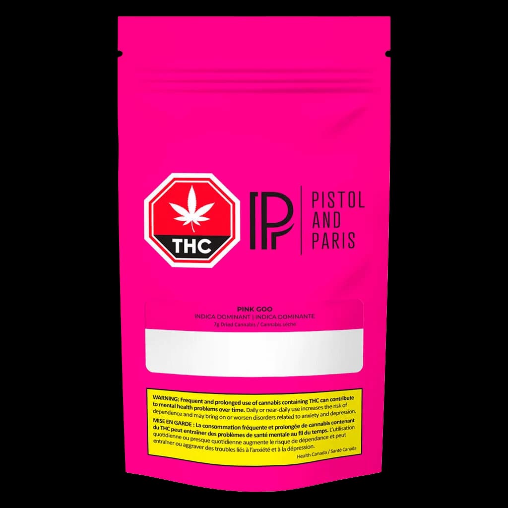 Pistol and Paris Pink Goo cannabis dried flower, 7g indica dominant strain in bright pink packaging with THC warning label
