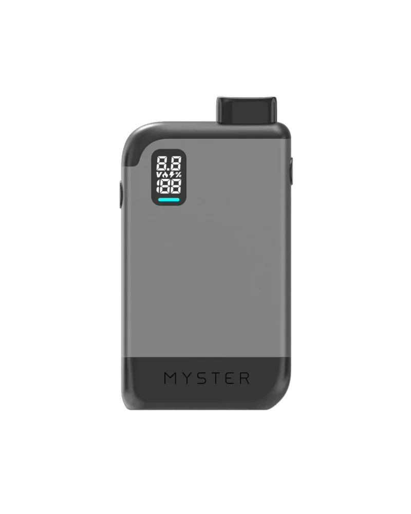 Myster portable vape device with digital display showing temperature and percentage settings, gray and black design