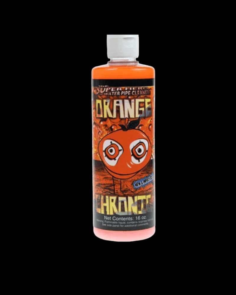 Nettoyant pour pipe à eau Orange Chronic, bouteille de 16 oz avec liquide orange et étiquette illustrée d'un personnage de dessin animé