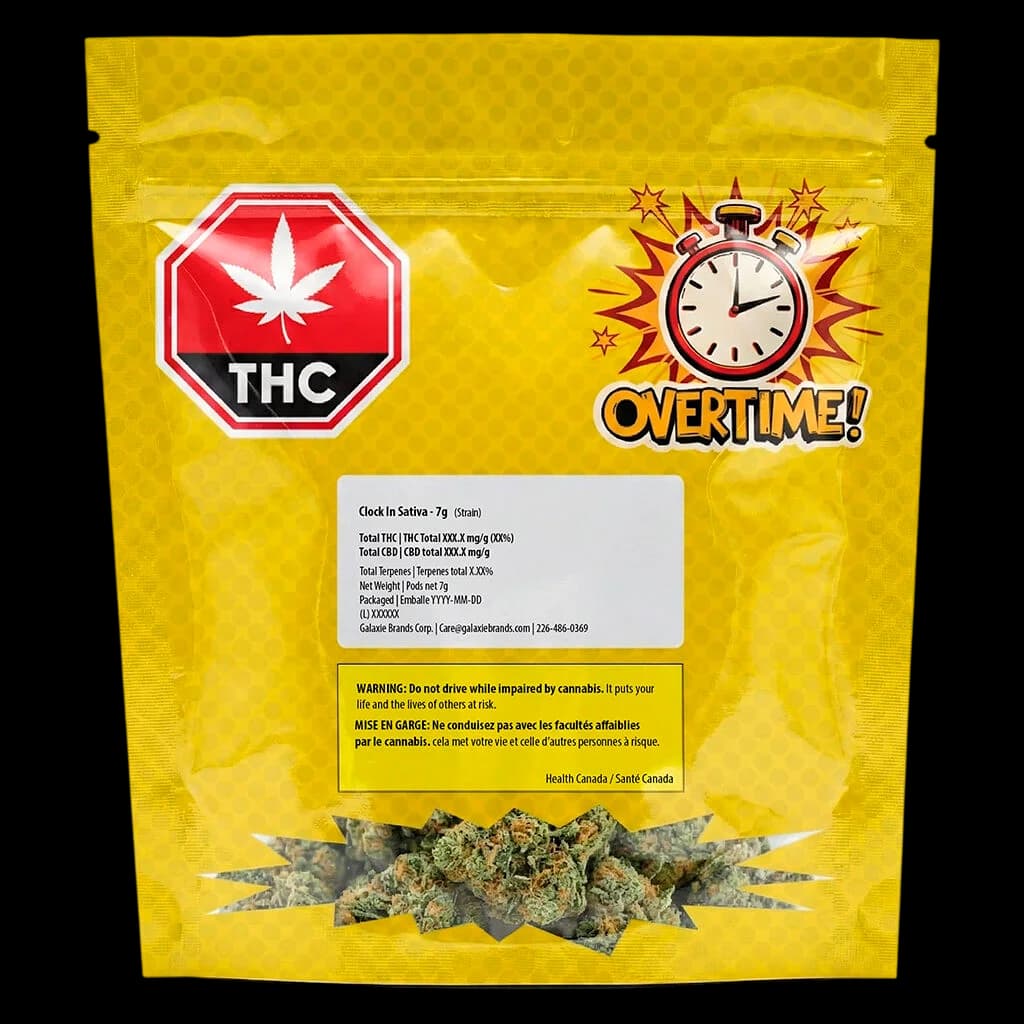 OVERTIME Clock In Sativa dried cannabis flower, 7g package with yellow pouch showing product visible through window
