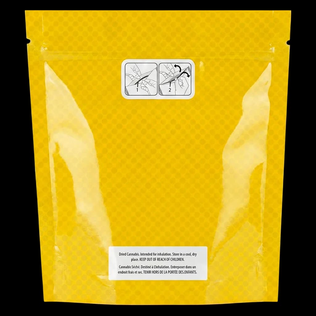 Overtime Clock In dried cannabis flower in bright yellow resealable pouch with child-resistant packaging