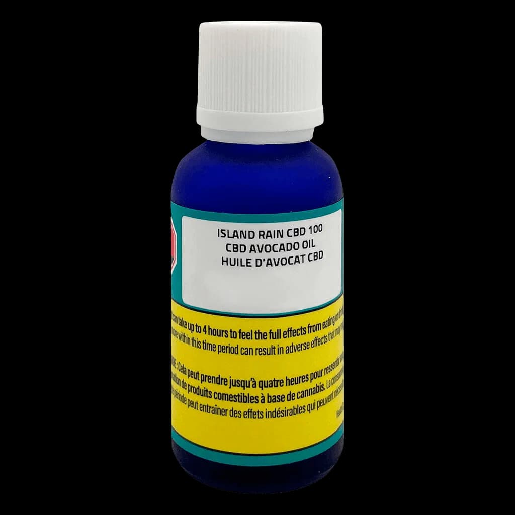 Island Rain CBD 100 CBD avocado oil in blue glass bottle with white cap and yellow health warning label