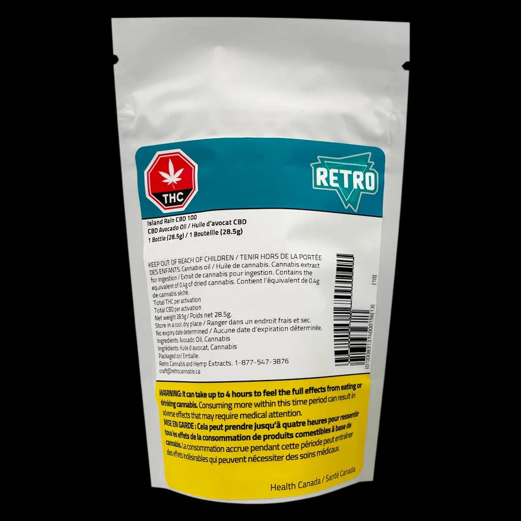 Retro Island Rain CBD 100 avocado oil bottle 28.5g, front packaging with THC and Retro logos, Health Canada warning label