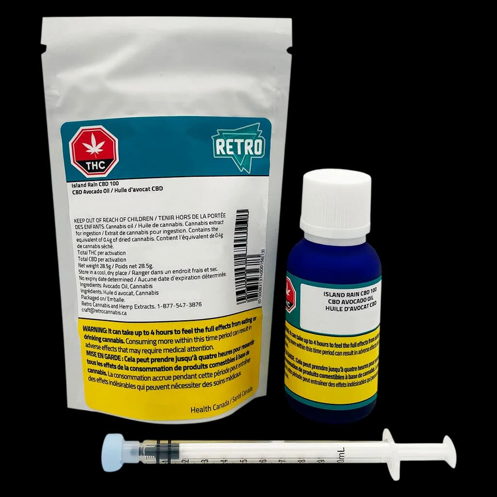 Retro Island Rain CBD 100 avocado oil 28.5g pouch with dropper bottle and syringe applicator