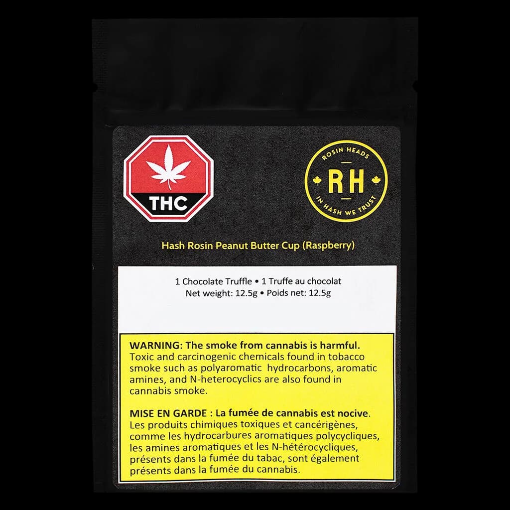 Rosin Heads Hash Rosin Peanut Butter Cup Raspberry, 12.5g chocolate truffle cannabis edible, front packaging