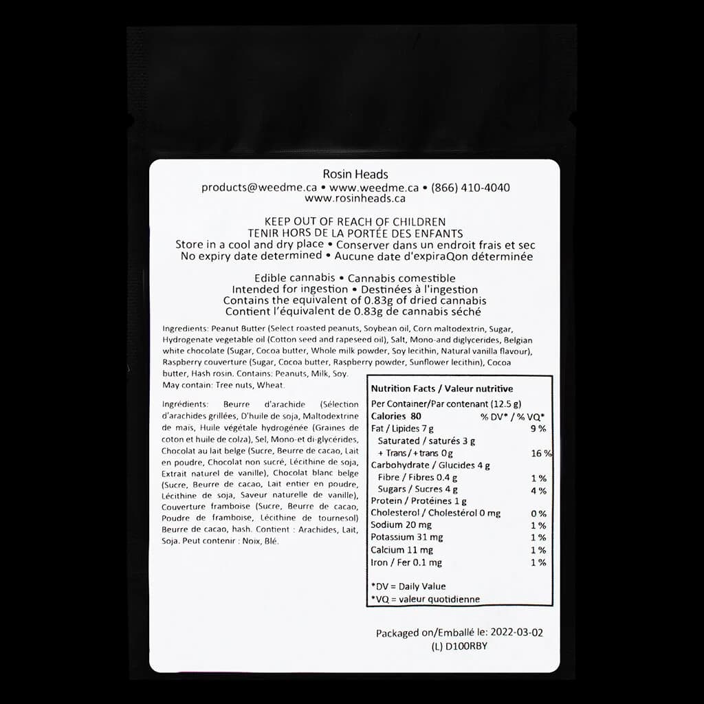 Rosin Heads Hash Rosin Peanut Butter Cup Raspberry back label showing ingredients, nutrition facts, and cannabis content 0.83g