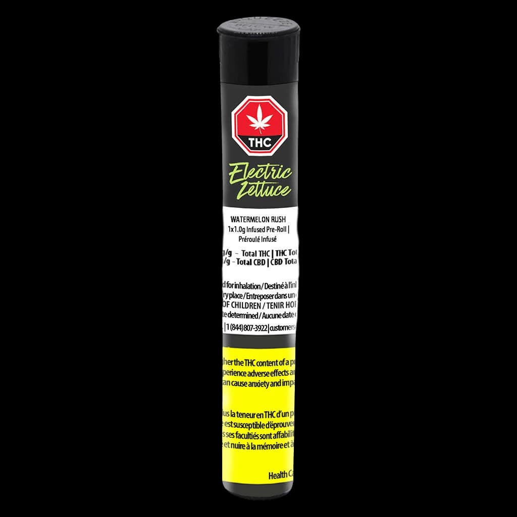 Pré-roulé infusé Electric Lettuce Watermelon Rush 1 x 1,0 g avec emballage tubulaire noir et symbole d'avertissement THC rouge
