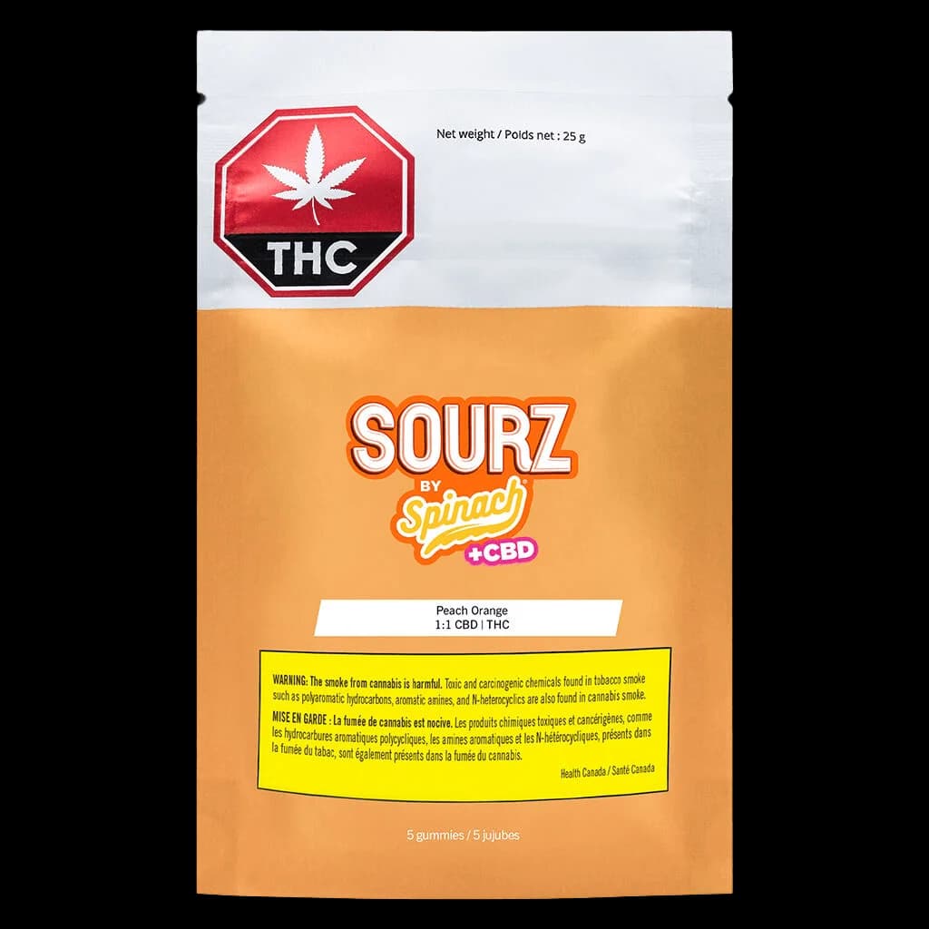 SOURZ by Spinach Peach Orange 1:1 CBD THC soft chews package, 25g with 5 gummies