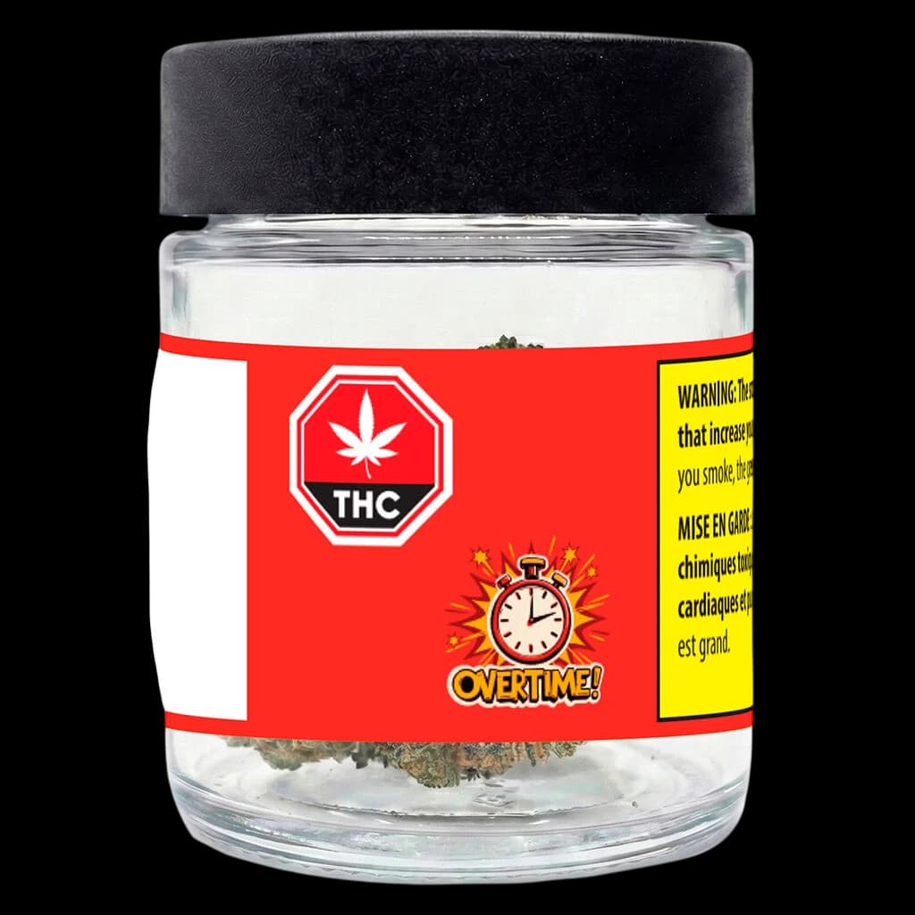 Overtime Punch Out cannabis dried flower in glass jar with black lid, red THC warning label visible