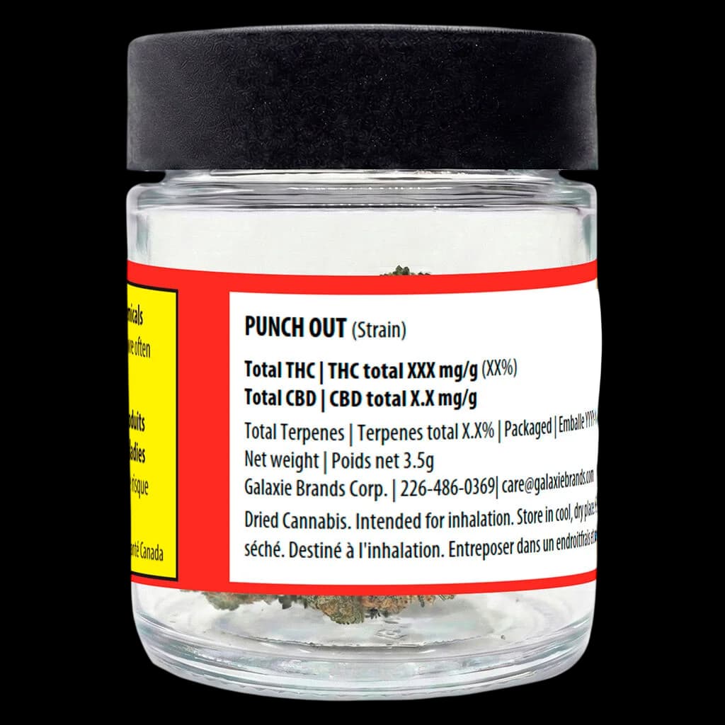 Punch Out cannabis dried flower in glass jar with black cap, 3.5g, by Galaxie Brands Corp.