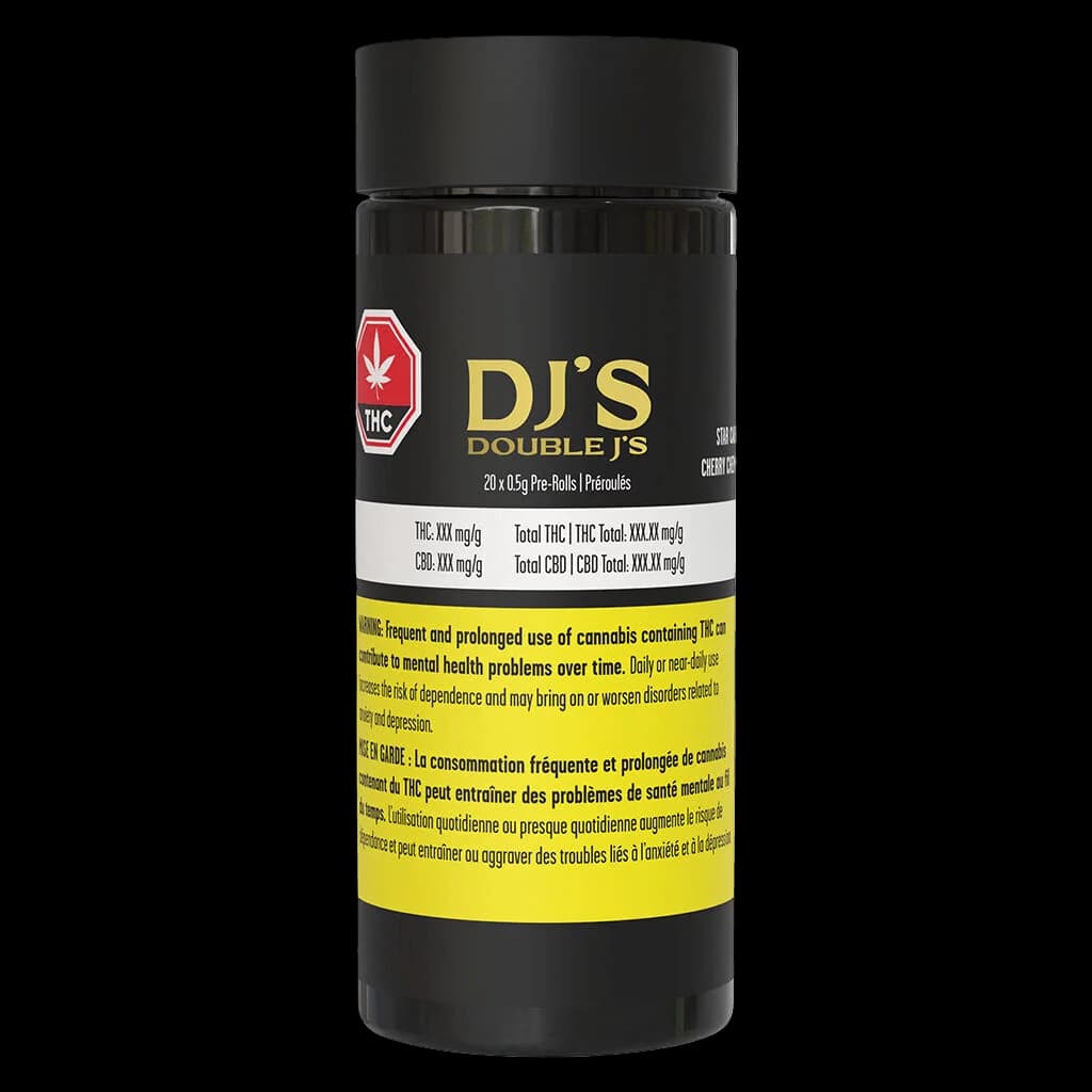 DJ's Double J's Cherry Chem pre-roll pack, 20 x 0.5g pre-rolls in black jar with yellow warning label